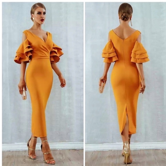 Bodycon Club Dress Sexy Deep V Neck Ruffles Butterfly Short Sleeve Midi - Picture 1 of 14